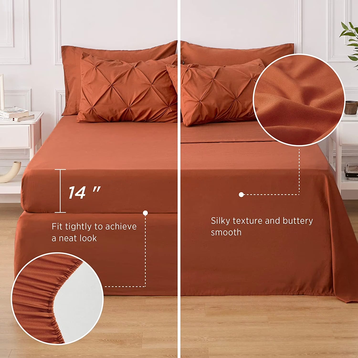 Twin Size Comforter Sets - 5 Pieces Pintuck Bed Set Twin Size, Orange Twin Size Bed in a Bag with Comforter, Sheets, Pillowcase & Sham, Burnt Orange
