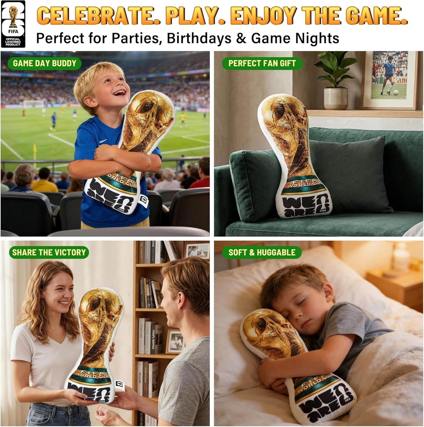 Official FIFA World Cup 2026 Trophy Plush Pillow 14.5 Inch, 1:1 Inspired Real Size Soft Decorative Throw Pillow for Sports Soccer Parties& World Cup 2026 Merchandise Decorations for Fans
