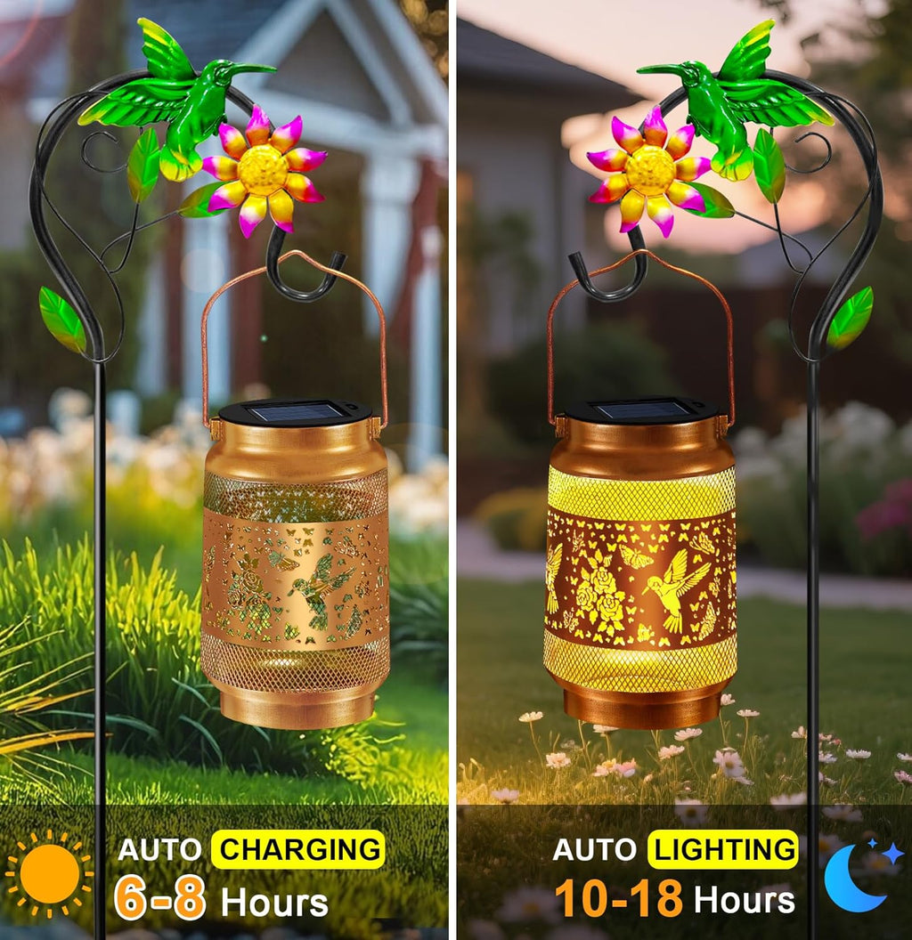 Mothers Day Gifts, Hummingbird Solar Lanterns Outdoor Waterproof, Hanging Solar Lights Garden Lanterns with Shepherd Hook, Metal Garden Decor for Yard Patio Lawn, Gifts for Women Mom