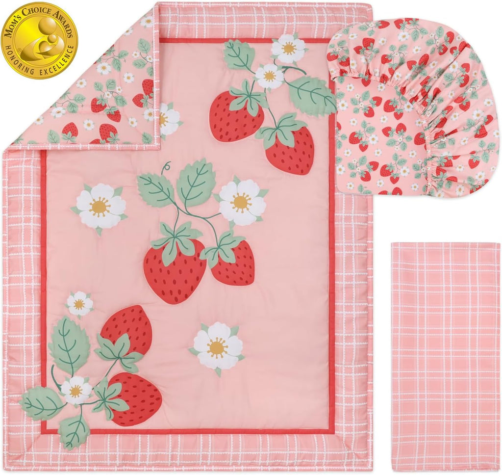 Strawberry Sweet 3-Piece Baby Girl Crib Bedding Set – Pink Nursery Bedding, Crib Comforter & Decor for Newborns and Toddlers