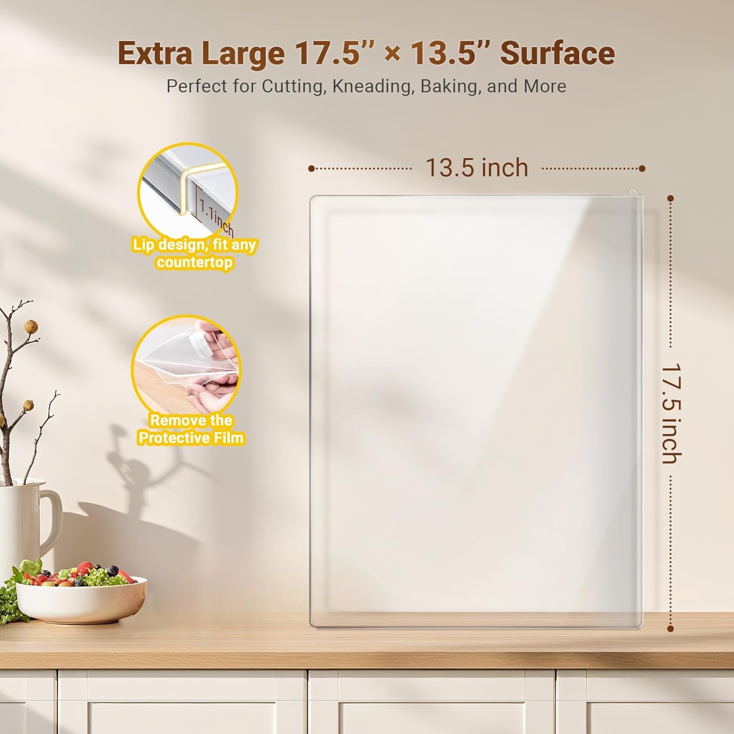 Acrylic Cutting Board with Counter Lip, 17.5X13.5 Inch Clear Cutting Boards for Kitchen Counter, Large Cutting Board Non Slip for Countertop Protector, Apartment Essentials Kitchen Decor Gifts