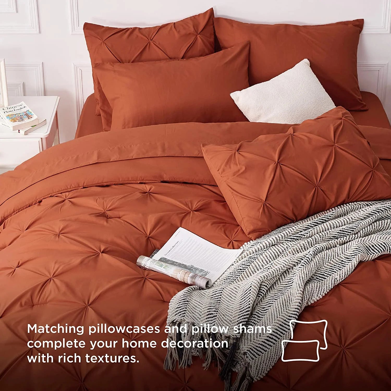 Twin Size Comforter Sets - 5 Pieces Pintuck Bed Set Twin Size, Orange Twin Size Bed in a Bag with Comforter, Sheets, Pillowcase & Sham, Burnt Orange