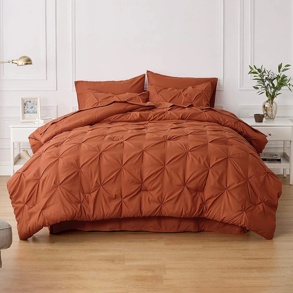 Twin Size Comforter Sets - 5 Pieces Pintuck Bed Set Twin Size, Orange Twin Size Bed in a Bag with Comforter, Sheets, Pillowcase & Sham, Burnt Orange