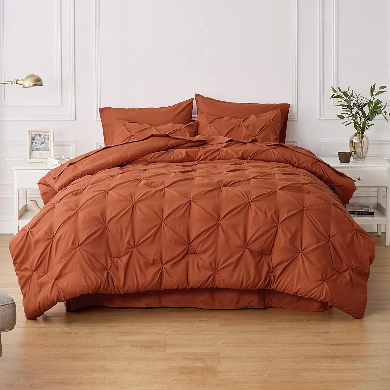Twin Size Comforter Sets - 5 Pieces Pintuck Bed Set Twin Size, Orange Twin Size Bed in a Bag with Comforter, Sheets, Pillowcase & Sham, Burnt Orange