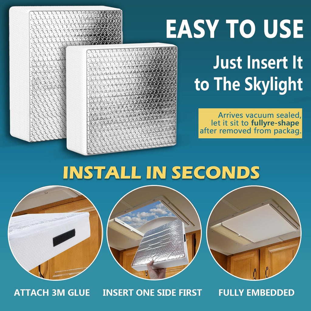 RV Vent Insulator 14″X14″X3″, 2 Piece Universal RV Skylight Cover with Reflective Surface, Skylight Shade Energy Savings Sunroof Fits for 14 Inch X 14 Inch Rv/Camper Vents