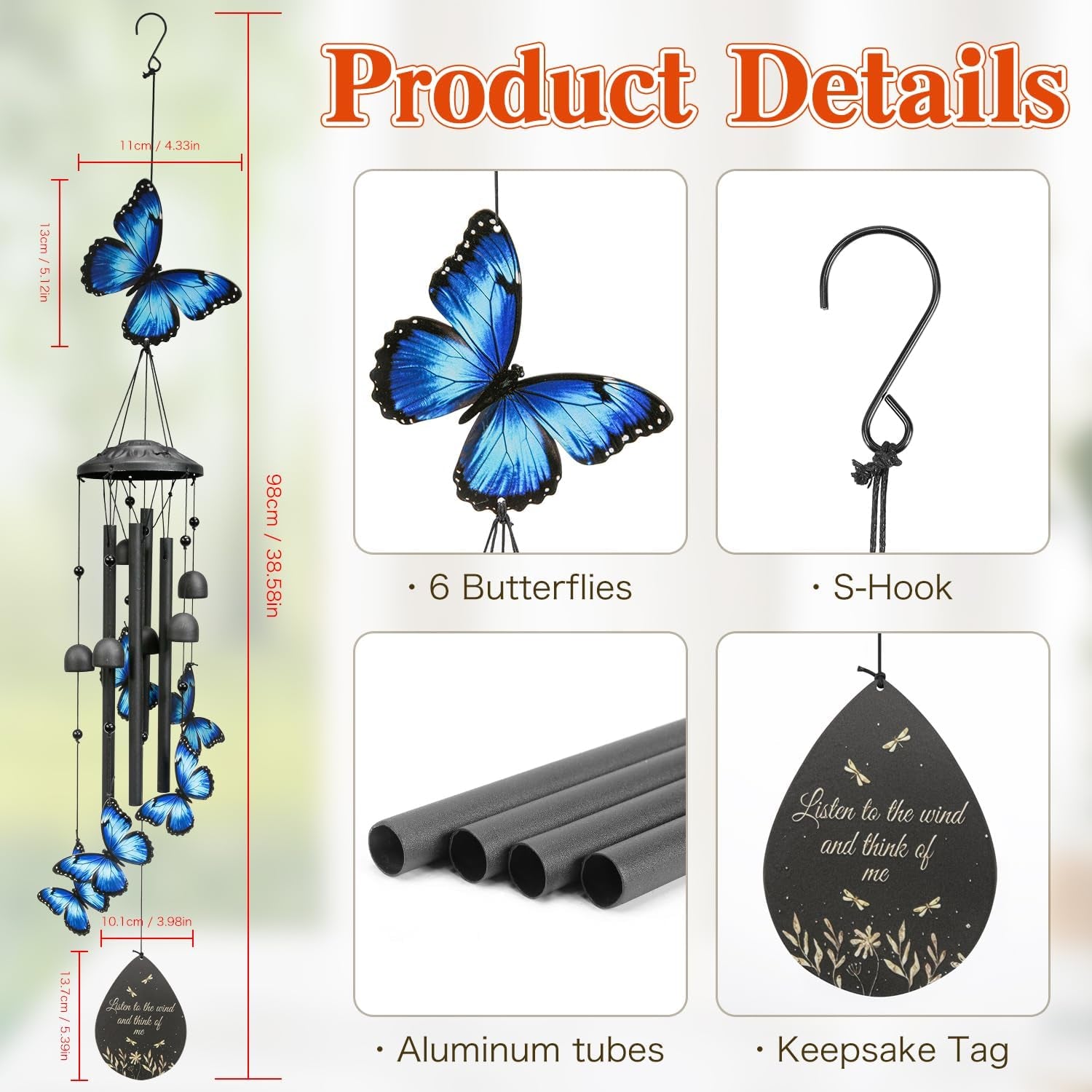 Butterfly Wind Chimes Outdoor Black Metal Windchimes Garden Patio Decor Butterfly Gifts for Women Ideal Memorial/Housewarming/Birthday/Festival Gifts Front Yard Decor