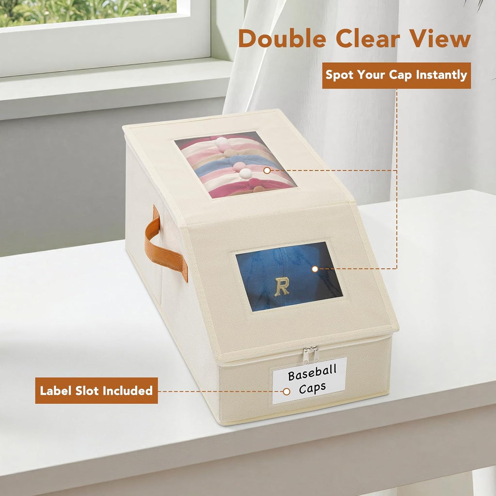 2 Pcs Extra Large Hat Organizer & Storage Box for Baseball Cap with Dual Clear Windows Dust-Proof Double Zipper, Stackable Design & Sturdy Handles for Closet, Beige