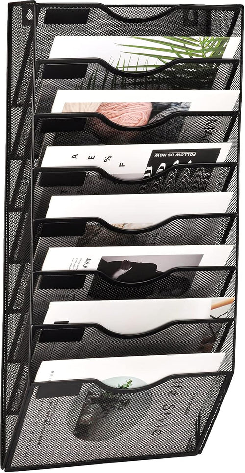 8 Pocket Mesh Hanging Wall File Organizer, Wall Mounted Mail Paper Document Folder Holder, Clipboard Storage Organization Magazine Rack with Nametag Label for Office Home School, Black