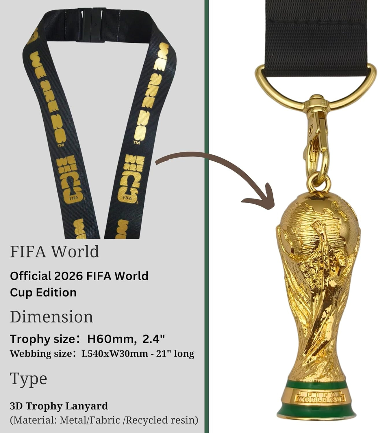 Official FIFA World Cup 2026 Edition - 21 Inch Nylon Lanyard with Trophy Replica – Durable Fan Gear – Great for Holding Your Work ID, Pin Collecting, Carrying Keys and More - the World Cup Is Here