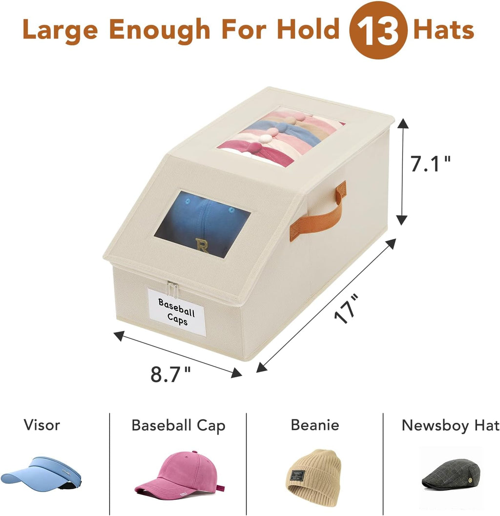 2 Pcs Extra Large Hat Organizer & Storage Box for Baseball Cap with Dual Clear Windows Dust-Proof Double Zipper, Stackable Design & Sturdy Handles for Closet, Beige