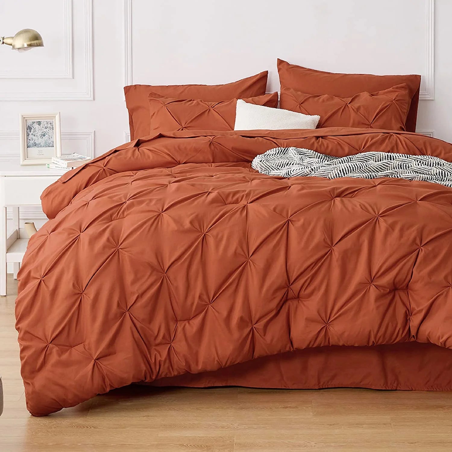Twin Size Comforter Sets - 5 Pieces Pintuck Bed Set Twin Size, Orange Twin Size Bed in a Bag with Comforter, Sheets, Pillowcase & Sham, Burnt Orange