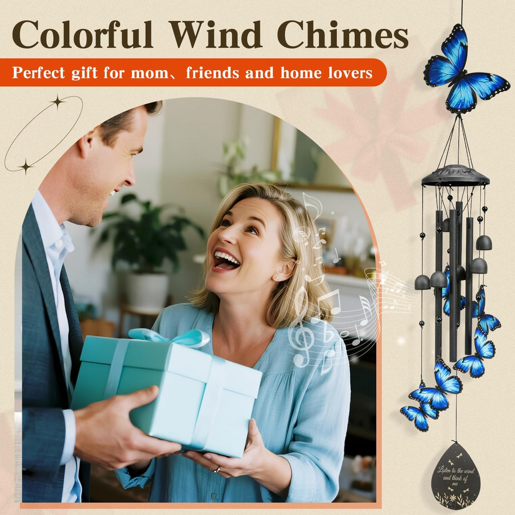 Butterfly Wind Chimes Outdoor Black Metal Windchimes Garden Patio Decor Butterfly Gifts for Women Ideal Memorial/Housewarming/Birthday/Festival Gifts Front Yard Decor