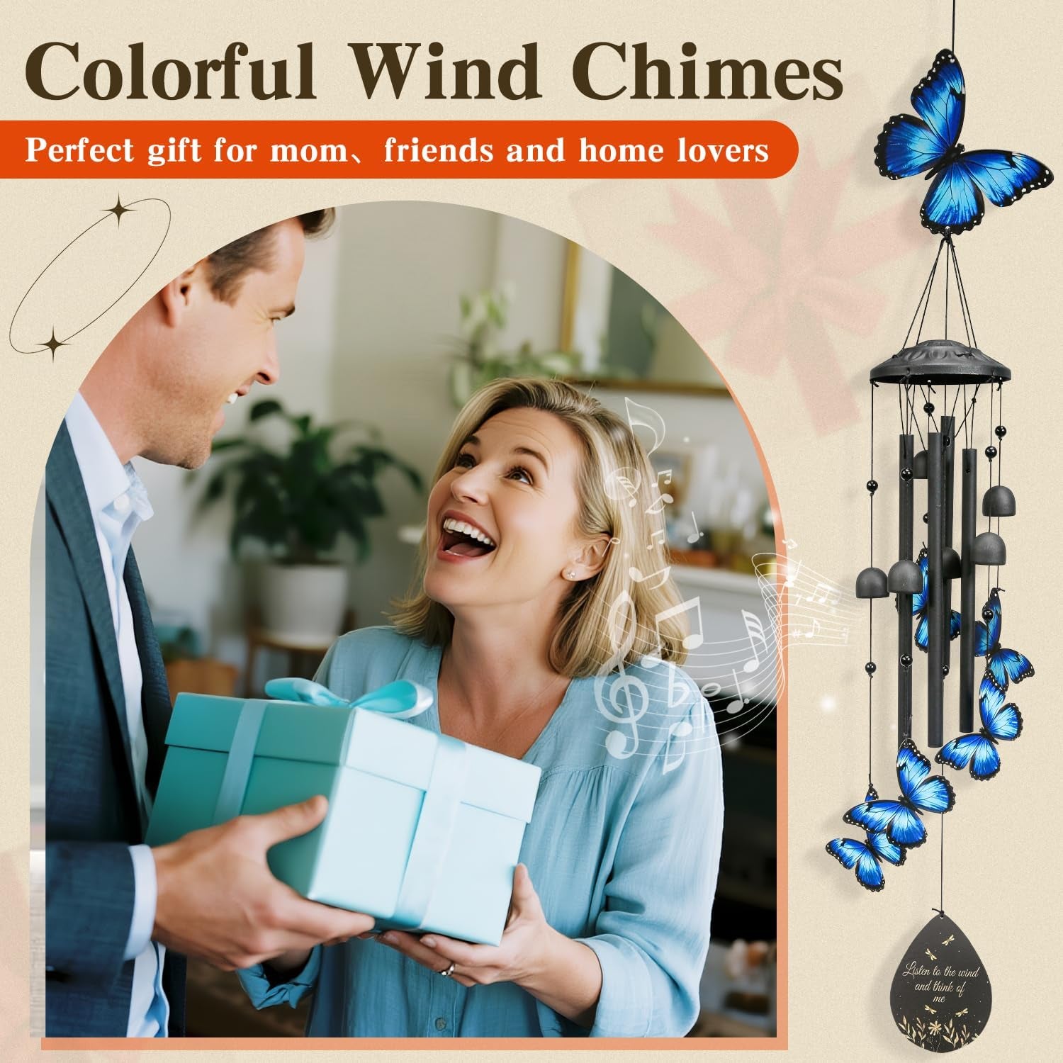 Butterfly Wind Chimes Outdoor Black Metal Windchimes Garden Patio Decor Butterfly Gifts for Women Ideal Memorial/Housewarming/Birthday/Festival Gifts Front Yard Decor
