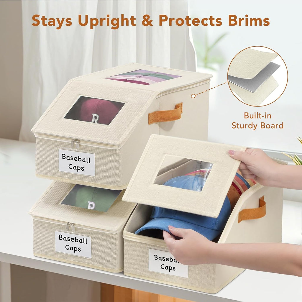 2 Pcs Extra Large Hat Organizer & Storage Box for Baseball Cap with Dual Clear Windows Dust-Proof Double Zipper, Stackable Design & Sturdy Handles for Closet, Beige