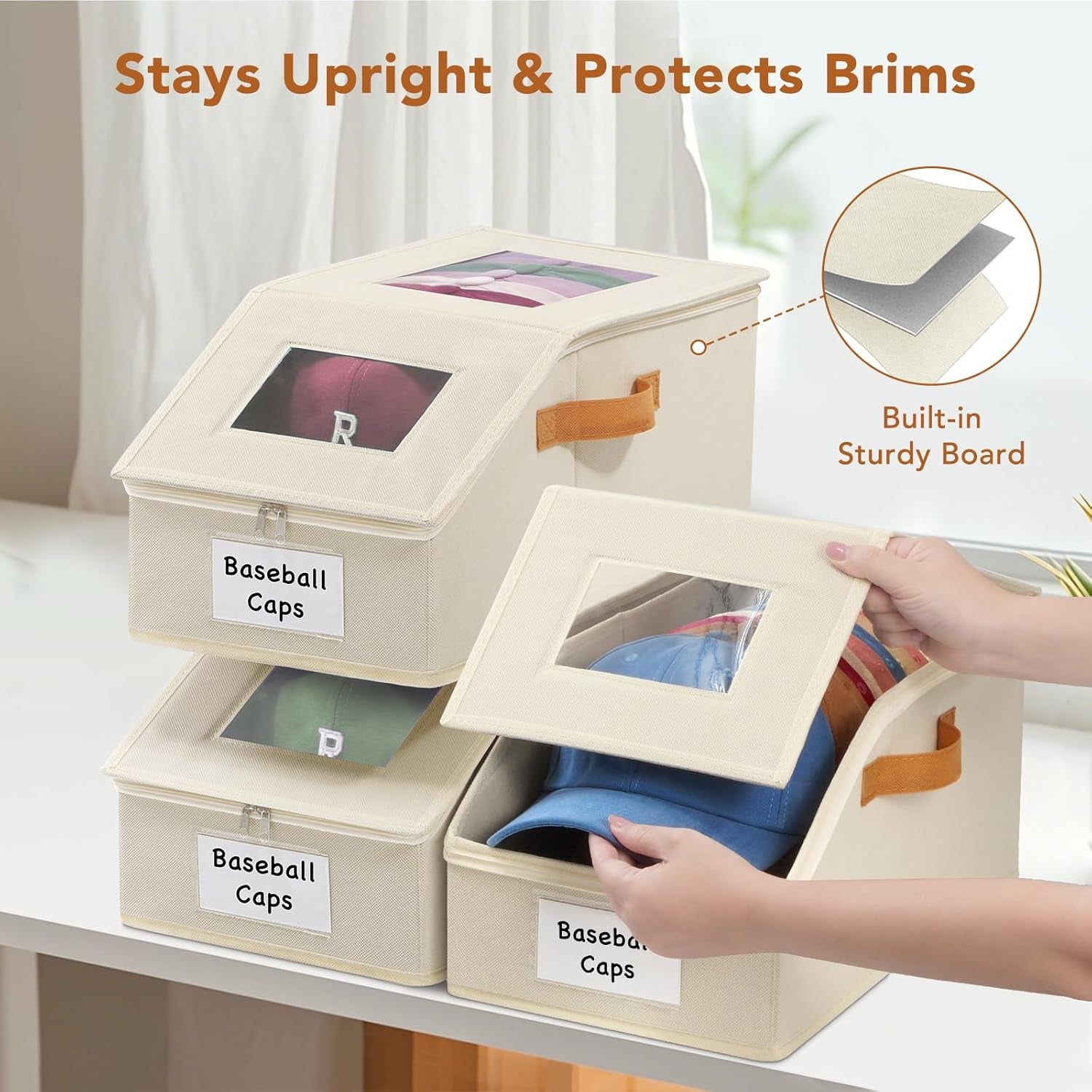 2 Pcs Extra Large Hat Organizer & Storage Box for Baseball Cap with Dual Clear Windows Dust-Proof Double Zipper, Stackable Design & Sturdy Handles for Closet, Beige