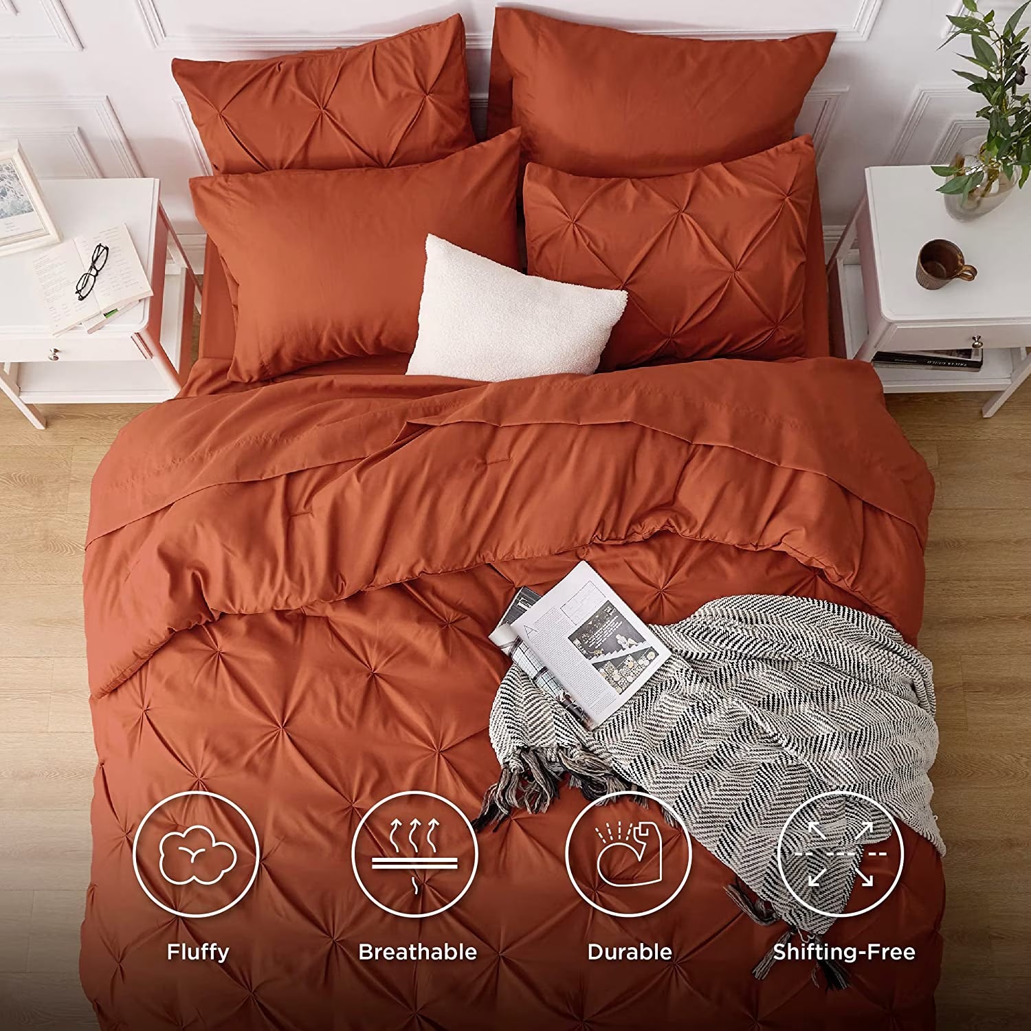 Twin Size Comforter Sets - 5 Pieces Pintuck Bed Set Twin Size, Orange Twin Size Bed in a Bag with Comforter, Sheets, Pillowcase & Sham, Burnt Orange