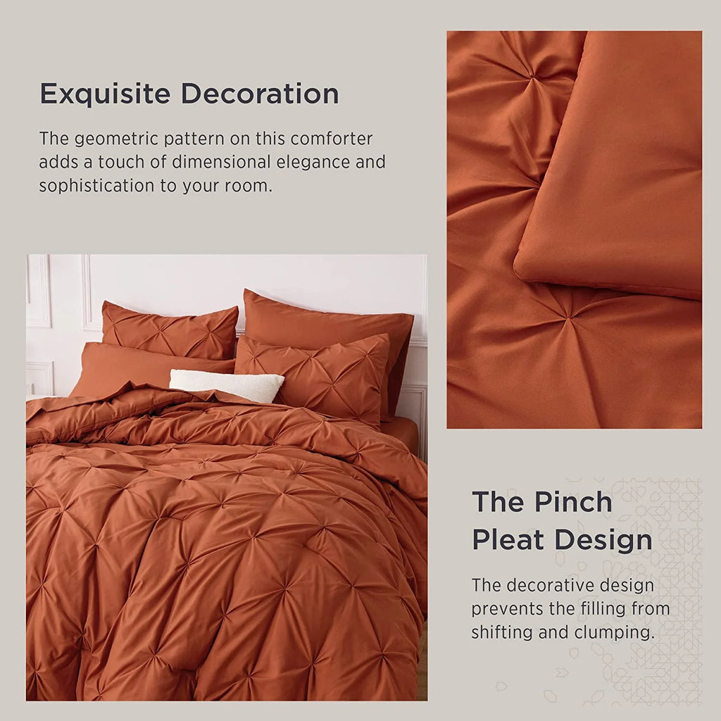 Twin Size Comforter Sets - 5 Pieces Pintuck Bed Set Twin Size, Orange Twin Size Bed in a Bag with Comforter, Sheets, Pillowcase & Sham, Burnt Orange