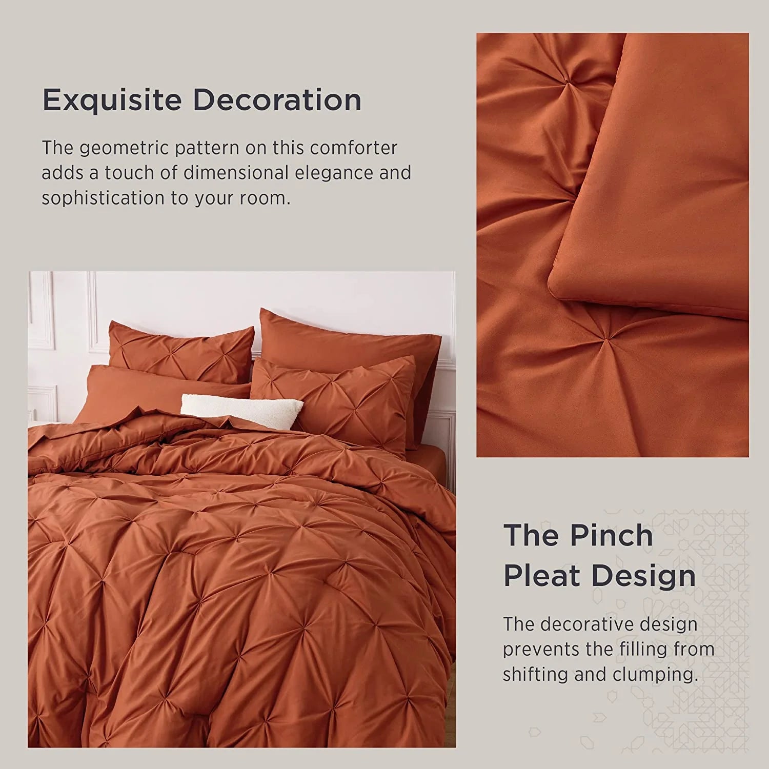 Twin Size Comforter Sets - 5 Pieces Pintuck Bed Set Twin Size, Orange Twin Size Bed in a Bag with Comforter, Sheets, Pillowcase & Sham, Burnt Orange
